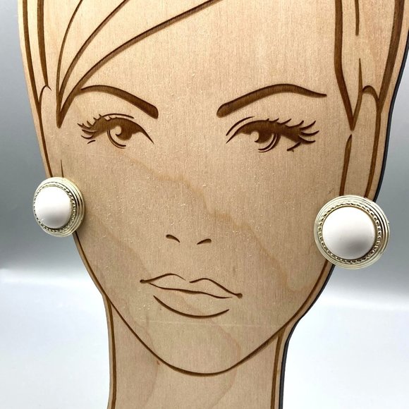 Elegant White Lucite Button Earrings with Gold Tone Frames, Vintage Chic Clip On - Picture 5 of 6